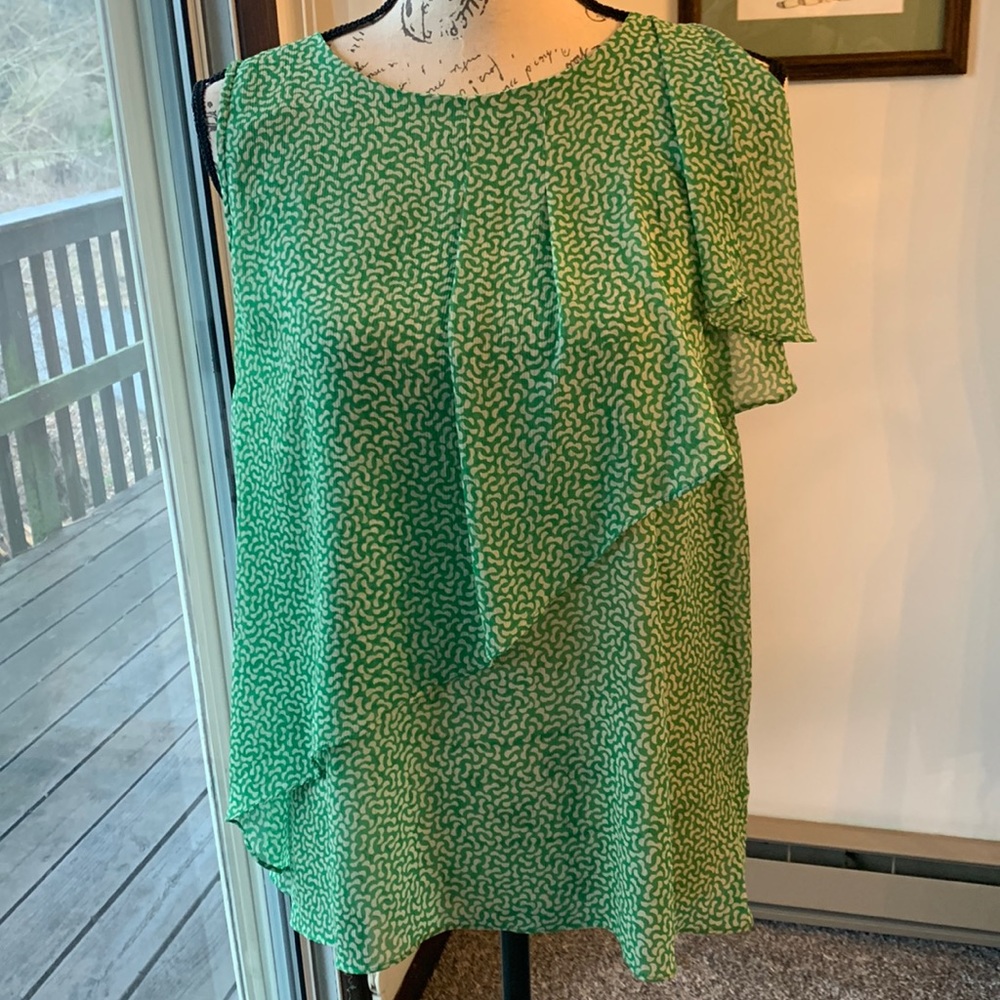 Anthropologie Green Printed Asymmetric Ruffle Shell